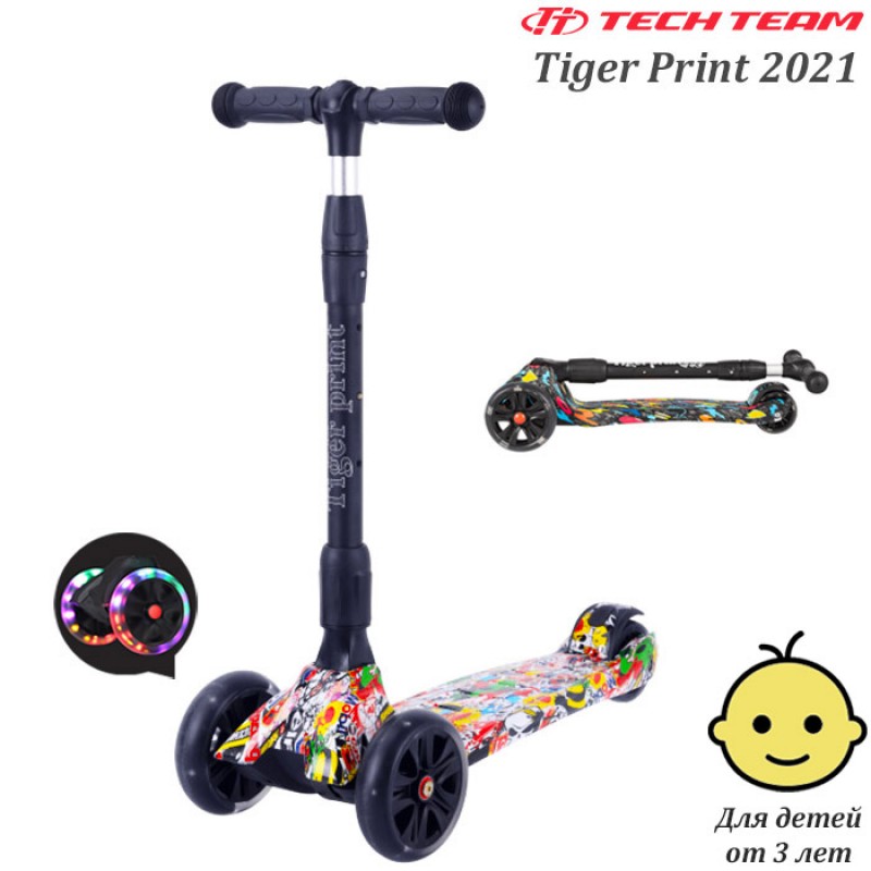 Самокат Tech Team Tiger Print 2021 Жёлтый со светящимися колёсами